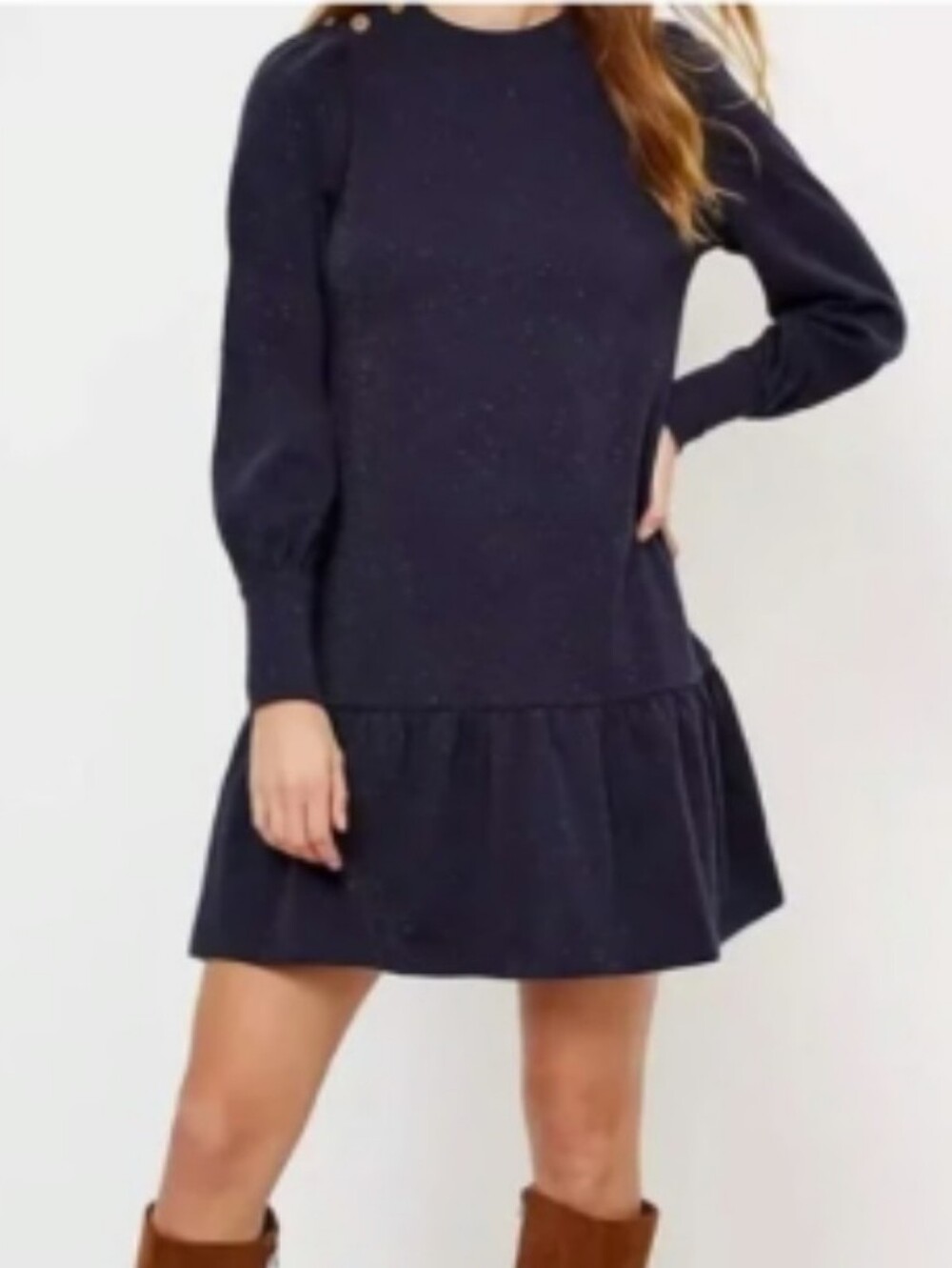 LOFT Navy Sparkle Long-Sleeve Ruffle Hem Mini Dress